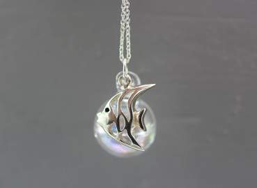 Sterling Fish Water necklace. Fish on glass orb filled with iridescent water